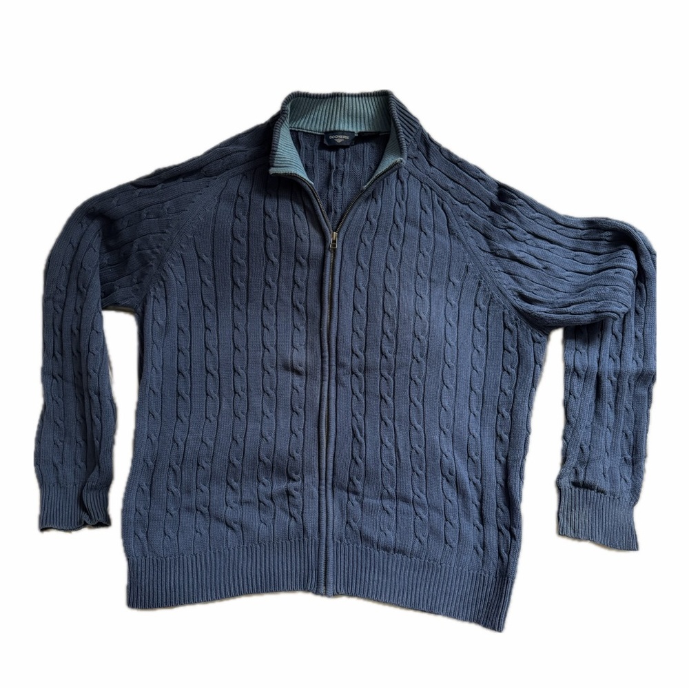 Dockers Blue Cable Knit Zip-Up Sweater 100% Cotton